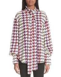 Multi colored Houndstooth Silk Long Sleeve Blouse