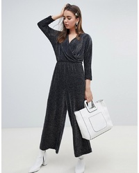 Monki Glitter V Neck Jumpsuit In Silver