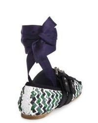 Miu Miu Belted Woven Multicolor Leather Ankle Wrap Ballet Flats