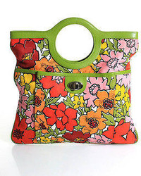 Isabella Fiore Multi Color Cotton Floral Print Leather Trim Medium Tote Handbag
