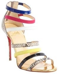 Christian Louboutin Gold Leather Mariniere 100 Multi Color Embossed Accent Open Toe Sandals