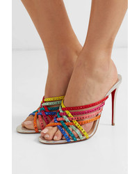 Christian Louboutin Marthastrass 100 Embellished Silk Satin And Iridescent Leather Mules