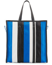 Balenciaga Bazar Medium Striped Leather Shopper Tote Bag Bleublancnoir