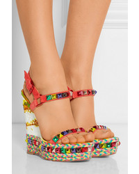 Christian Louboutin Cataclou 140 Embellished Suede And Leather Wedge Sandals Red