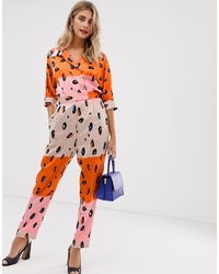 Liquorish Jumpsuit With Belt In Contrasting Orange Leopard Print