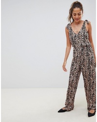 Miss Selfridge Jumpsuit With Tie Strap Detail In Leopard Print