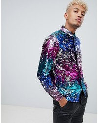 ASOS DESIGN Regular Fit Shirt In Multicoloured Sequin