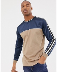 ASOS DESIGN Relaxed Longline Long Sleeve T Shirt With Contrast Satin Yoke And Shoulder Taping In Navy