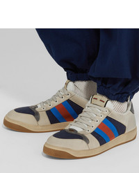 Gucci Screener Webbing Trimmed Distressed Leather And Canvas Sneakers
