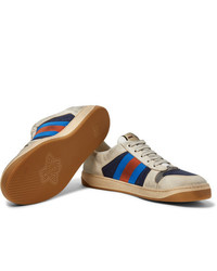 Gucci Screener Webbing Trimmed Distressed Leather And Canvas Sneakers
