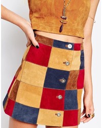 Asos Collection A Line Skirt In Patchwork Suede With Button Through