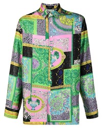 Multi colored Patchwork Silk Long Sleeve Shirt