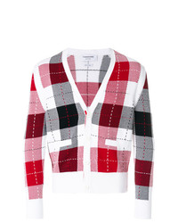 Thom Browne Classic V Neck Cardigan With Large Plaid Intarsia In Cotton Crepe