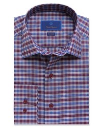 David Donahue Fit Stretch Plaid Dress Shirt In Bluemerlot At Nordstrom