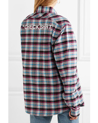 Off-White Oversized Printed Checked Cotton Blend Flannel Shirt