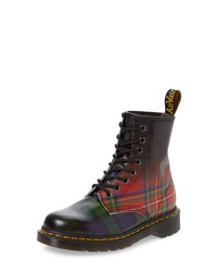 Multi colored Plaid Leather Lace-up Flat Boots
