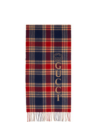 Gucci Navy And Beige Wool Check Logo Scarf
