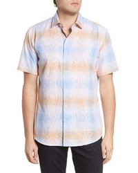 Bugatchi Shaped Fit Plaid Short Sleeve Button Up Cotton Linen Shirt