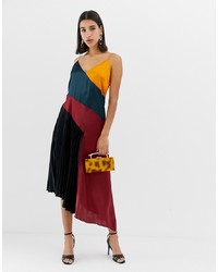 ASOS DESIGN Pleated Midi Dress In Colourblock Satin