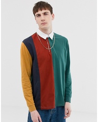 ASOS DESIGN Relaxed Long Sleeve Rugby Polo Shirt With Vertical Colour Block