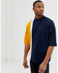 ASOS DESIGN Oversized Polo Shirt In Pique Fabric With Vertical Colour Block In Navy
