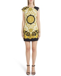 Versace First Line Hibiscus Print Asymmetrical Neck Shift Dress