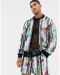 ASOS DESIGN Co Ord Sequin Bomber Jacket With Mesh Stripe