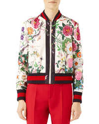 Gucci Flora Snake Print Silk Bomber Jacket Multicolor