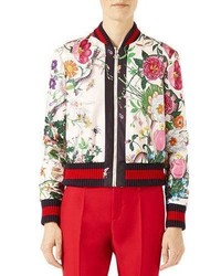 Gucci Flora Snake Print Silk Bomber Jacket Multicolor