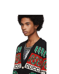 Gucci Black And Multicolor Jacquard Symbols Cardigan