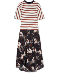 Chloé Striped Ribbed Knit And Printed Silk Twill Dress