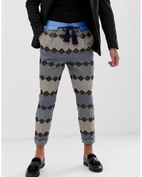 ASOS Edition Tapered Smart Trouser In Blue Zig Zag Jacquard With Rope Belt