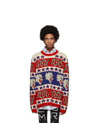 Gucci Blue And Red Jacquard Symbols Sweater