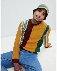 ASOS DESIGN Patchwork Fairisle And Cable Knit Jumper In Burgundy And Mustard