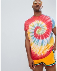 ASOS DESIGN Festival Oversized Longline T Shirt With Roll Sleeve In Bright Spiral