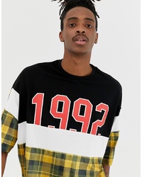 ASOS DESIGN Oversized T Shirt With Velour Check Cut And Sew Panels And 1992 Print And Half Sleeve