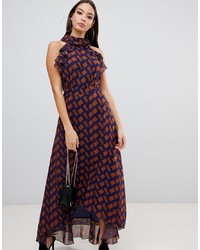 PrettyLittleThing Sleeveless Frill Detail Maxi Dress In Chevron Print