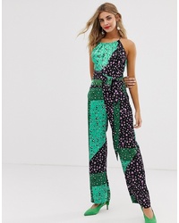 Liquorish Halter Neck Jumpsuit With Detail In Mixed Blue Print