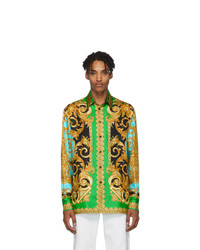 Versace Green And Blue Silk Barocco Homme Shirt