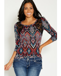 Maurices Ethnic Tee With Lace And Extended Hem In Multi