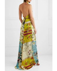Oscar de la Renta Tasseled Printed Silk Jacquard Halterneck Dress