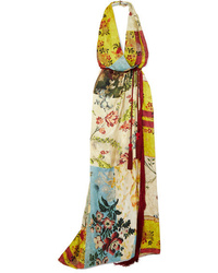 Oscar de la Renta Tasseled Printed Silk Jacquard Halterneck Dress