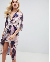 ASOS DESIGN Knot Front Kimono Midi Dress In Abstract Print