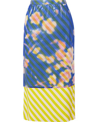 Dries Van Noten Layered Floral Print Crinkled Organza And Striped Satin Midi Skirt