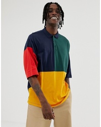 ASOS DESIGN Organic Oversized Polo Shirt With Half Sleeve And Retro Colour Block In Navy