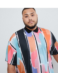 ASOS DESIGN Plus Oversized Polo With Abstract Paint Print In Vertical Stripe