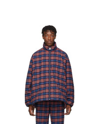 Balenciaga Blue And Red Check Flannel Quilted Zip Up Jacket