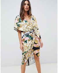 ASOS DESIGN Satin Kimono Midi Dress With Knot Front And Asymmetric Sleeve In Chain Print