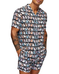 Topman Aloha Slub Revere Short Sleeve Button Up Shirt