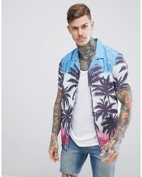 ASOS DESIGN Festival Regular Fit Palm Tree Hawaiian Shirt With Sequins And Revere Collar